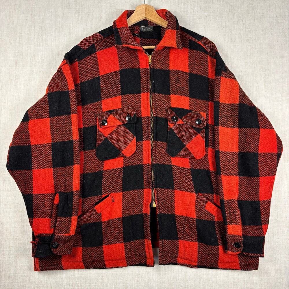 Vintage 1960s King Kole Buffalo Plaid Wool Talon Zipper XL Lumberjack Flannel
